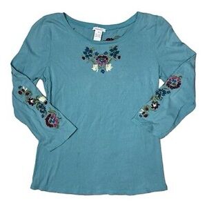 Sundance Womens Green Floral Embroidered 3/4 Sleeve Top T-Shirt M Cotton